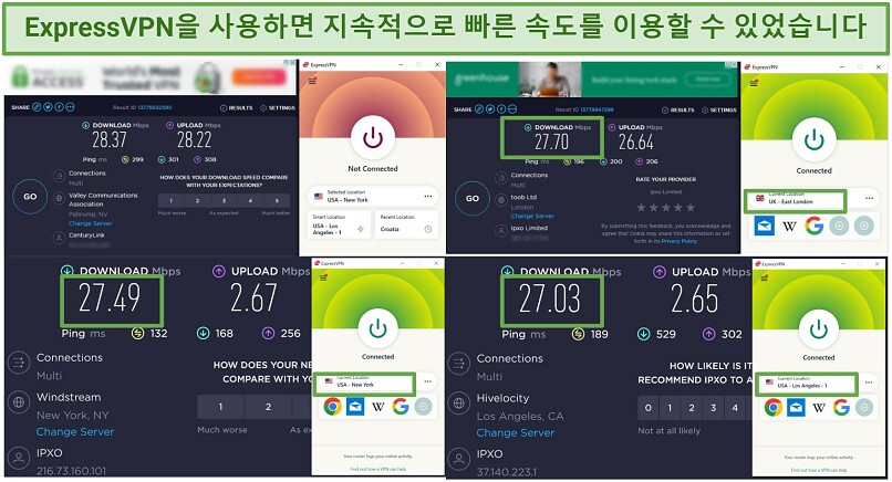 ExpressVPN 서버 몇 곳에 연결되어 진행한 속도 테스트의 스크린샷