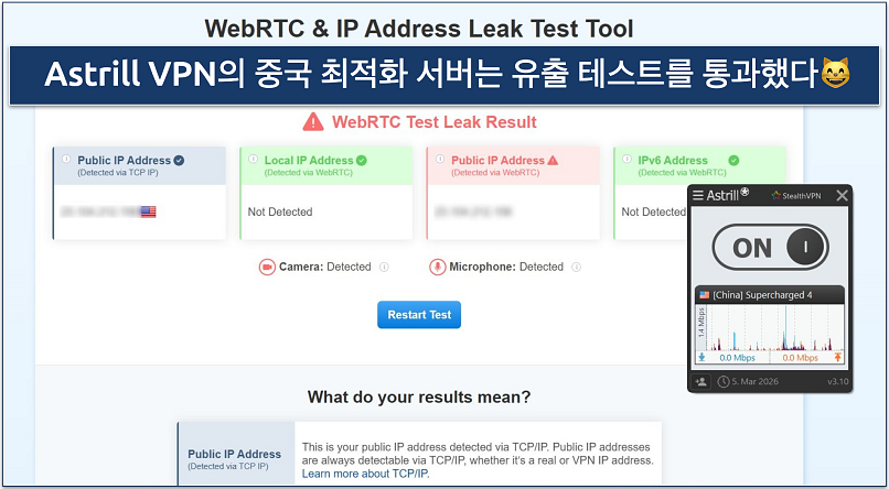 Screenshot showing Astrill VPN passed IP/DNS/WebRTC leak tests