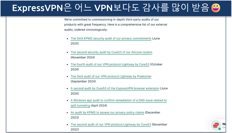 Screenshot of ExpressVPN's website showing its independent audits list