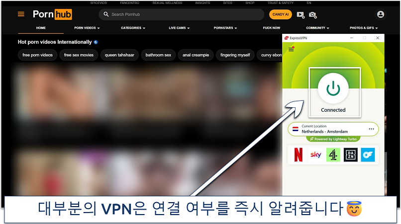 Screenshot of Pornhub website homepage with an active ExpressVPN connection to the Netherlands - Amsterdam server