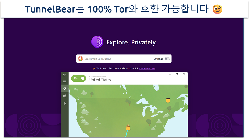 Screenshot of TunnelBear connected to the United States server while using DuckDuckGo on the .onion browser
